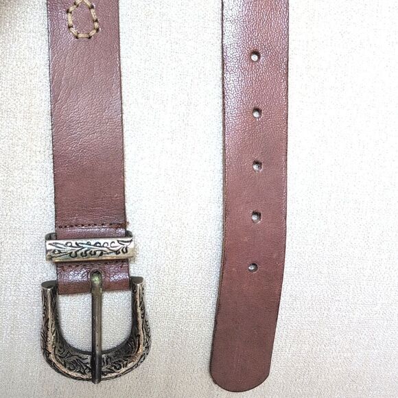 Brown Leather Belt with Cabachon Stone Medallions & Silver Scroll Work Buckle - Picture 6 of 10